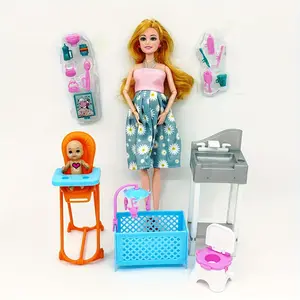 Pregnant 11.5in Doll Toy Set Including a Wash Basin, Toilet, Bed, Dining Chair, And Accessories for Role-Playing, Perfect for Educational Gifts And Birthdays.