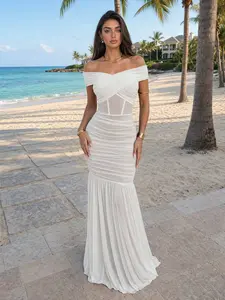 CurvySweet Women’s Convertible Off-The-Shoulder Sleeveless Bodycon Maxi Dress - Built-in Bra, Ruched Mesh Fabric, Lightweight Formal Wear Clothes for Evening Events