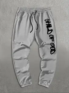 Men's Solid Color Child Of God Slogan Print Thermal Lined Drawstring Waist Sweatpants, Regular Fit Casual Comfy Pocket Jogger Pants for Spring & Fall, Casual Athletic Jogging