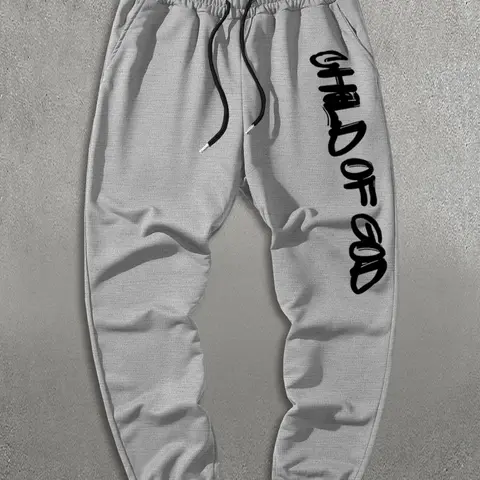 Men's Solid Color Child Of God Slogan Print Thermal Lined Drawstring Waist Sweatpants, Regular Fit Casual Comfy Pocket Jogger Pants for Spring & Fall, Casual Athletic Jogging, Drawstring Sports Pants
