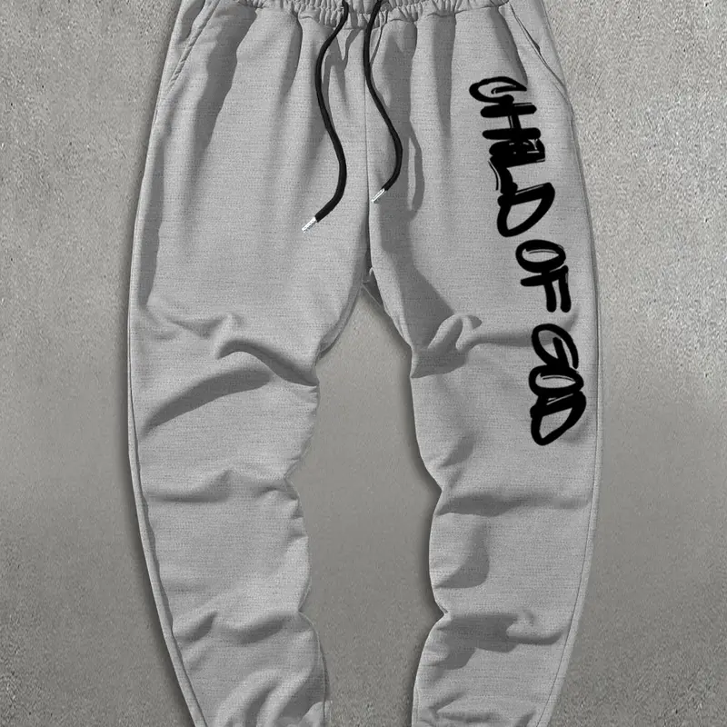 Men's Solid Color Child Of God Slogan Print Thermal Lined Drawstring Waist Sweatpants, Regular Fit Casual Comfy Pocket Jogger Pants for Spring & Fall, Casual Athletic Jogging, Drawstring Sports Pants