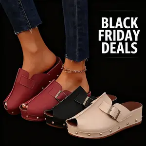 Women's Beige Wedge Sandals - Comfortable Open-Toe Slip-On Clogs with Buckle Straps & Studded Sole, Casual Summer Platform Shoes in Red, Black, or Tan Girl Footwear11