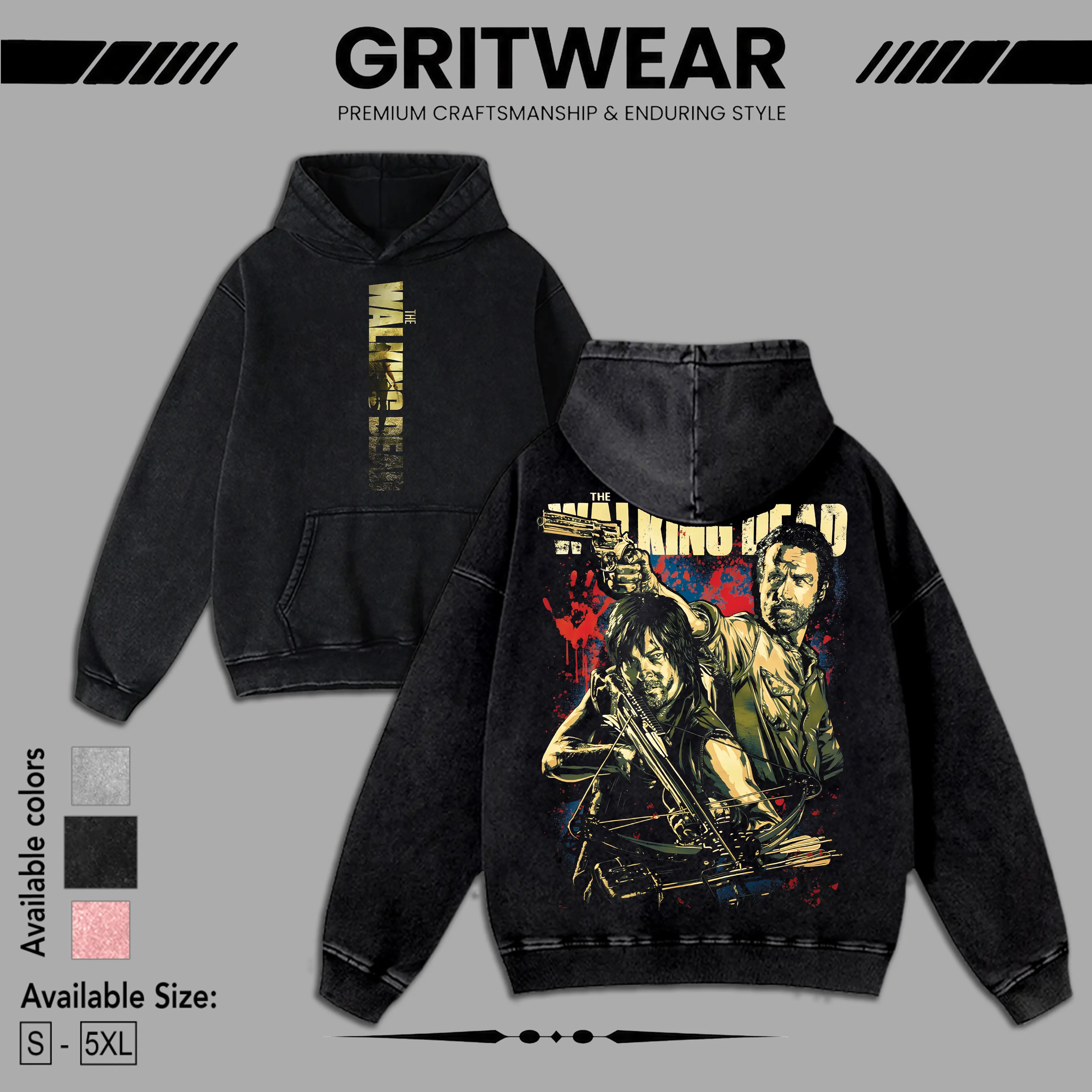 The Walking Dead Washed Tee Heavyweight Cotton Hoodie Sweatshirt for Game Movies Fans, Graphic Tees, Perfect Gift for Fans Fabric Seamless
