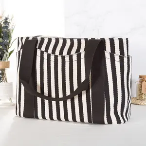 Fashionable Casual Striped Tote Bag - Black & White Stripes, Durable Handles, Perfect for Everyday Use