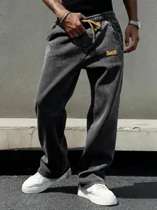 Men's four-season drawstring elastic waist washed and distressed loose straight plain jeans, non-stretchy denim pants, Streetwear, loose fit, suitable for daily casual wear, urban gatherings, and weekend fashion looks, a must-have men's pants