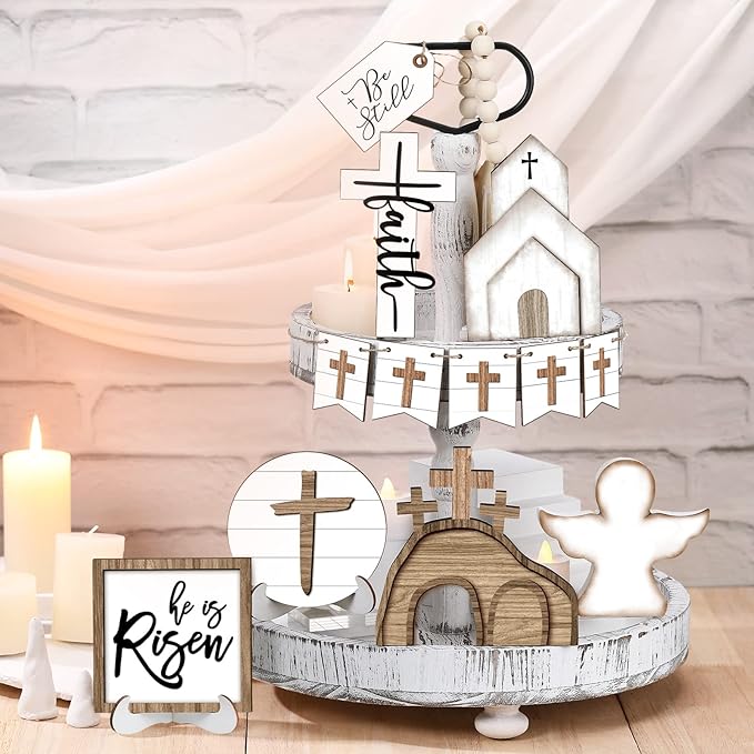 Easter Tiered Tray Decor Wooden Signs Set (No Tray), Rustic Bunny Egg Carrot Jesus Cross Risen Ornaments Cute Durable Layered Tray Signs for Mantel Shelf Table Kitchen Display, Spring Home Easter Decor Christian Family Religious Party Gifts, Date Suppiles