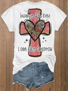 Women's Casual Round-neck T-shirt, Short-sleeved, Regular Length, with Colorful Heart-shaped Cross Print, Suitable for Summer, Casual Wear| Interesting Graphic T-shirt| Comfortable Style