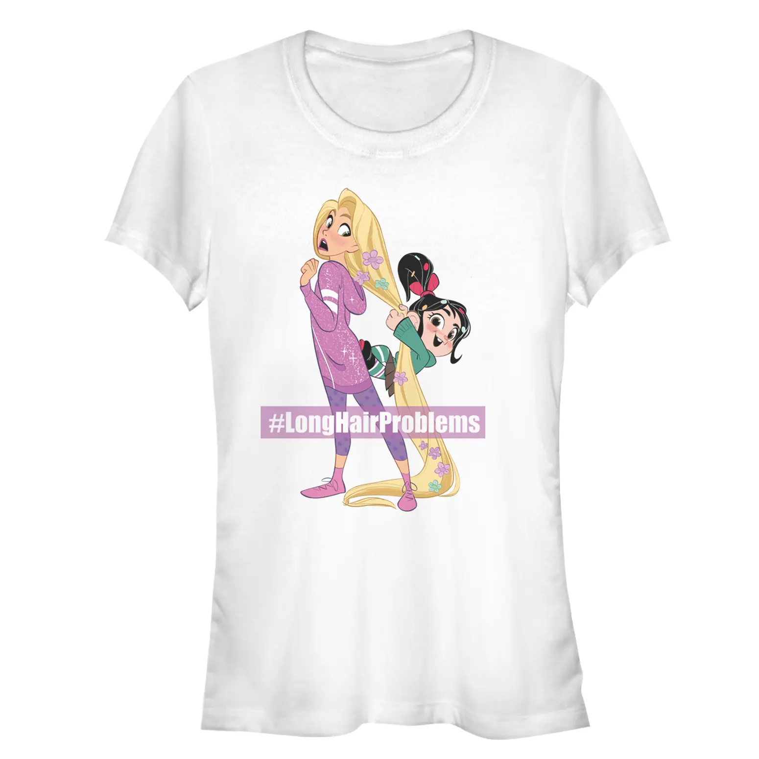 Women's Fitted Cotton Ralph Breaks the Internet Rapunzel Graphic Print Short-Sleeve T-Shirt, Casual Top, All Seasons, #longhairproblems, Cold-Wash Tee