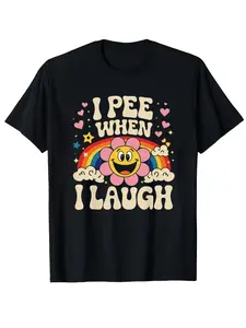 Funny I Pee When I Lauh Graphic T-Shirt Men Women-80sm Heavyweiht Black Humorous Novelty Tee with Sunflower, Lauhin Face Print, Casual Round Neck Short Sleeve Shirt Adults, Funny Ad, Husband, Family- All-Season Comfort