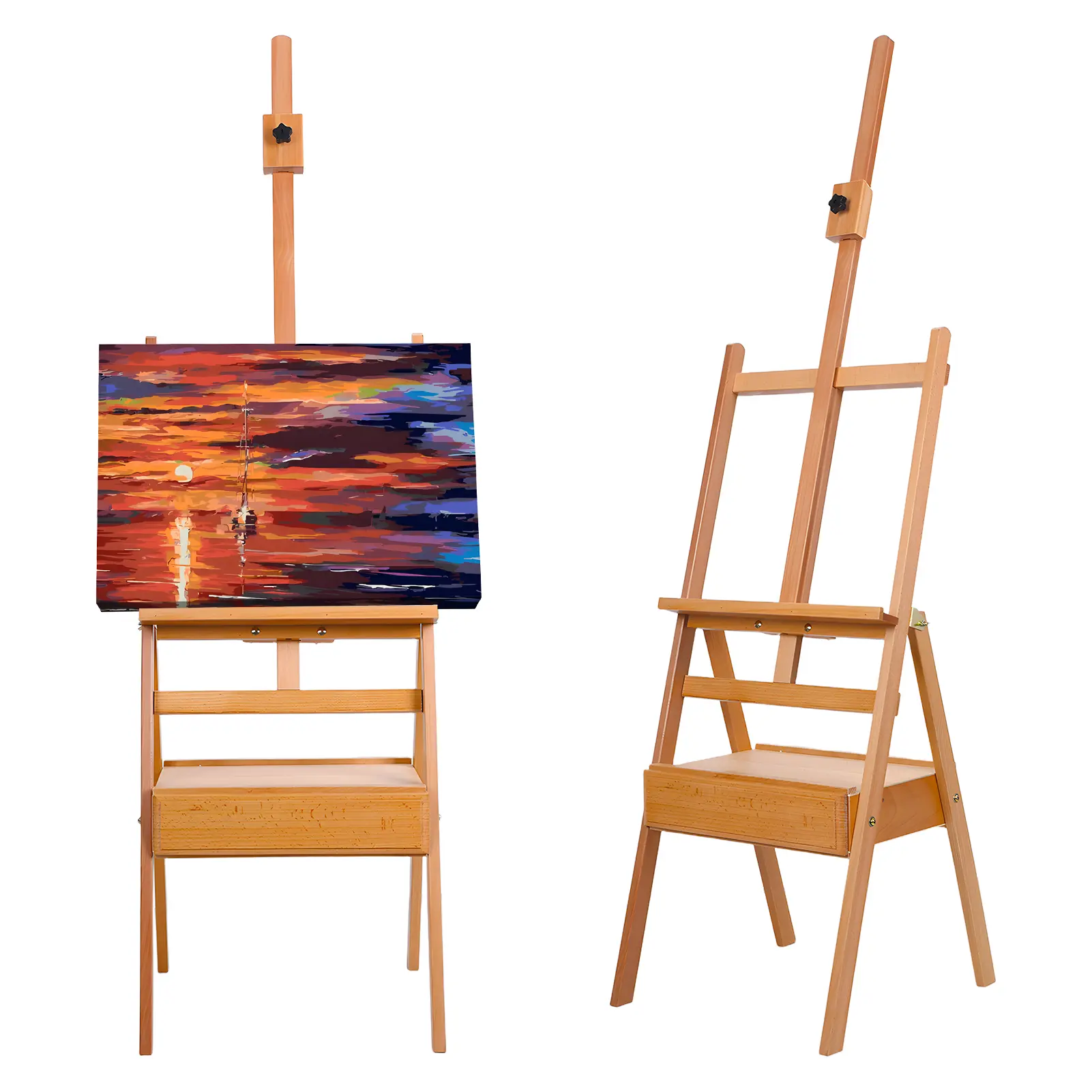 Wood Easel H Frame Easel, French Easel with Drawer, Solid Beech Wood Easel, Painting Canvas Holder Stand, Tilts Flat Artist Easel, Height Angle Adjustable