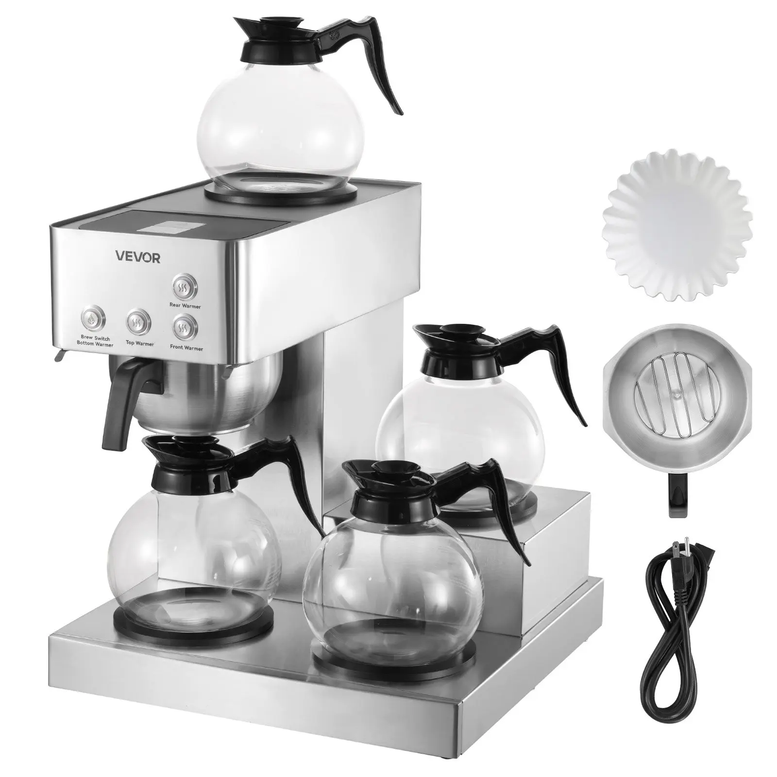 VEVOR Commercial Drip Coffee Maker, 12 Cups Coffee-Maker Machine with 4 Glass Carafes and 4 Decanter Warmer Plates, Stainless Steel Drip Style Coffee Brewer, for Restaurant, Office, Coffee Shop & Hom