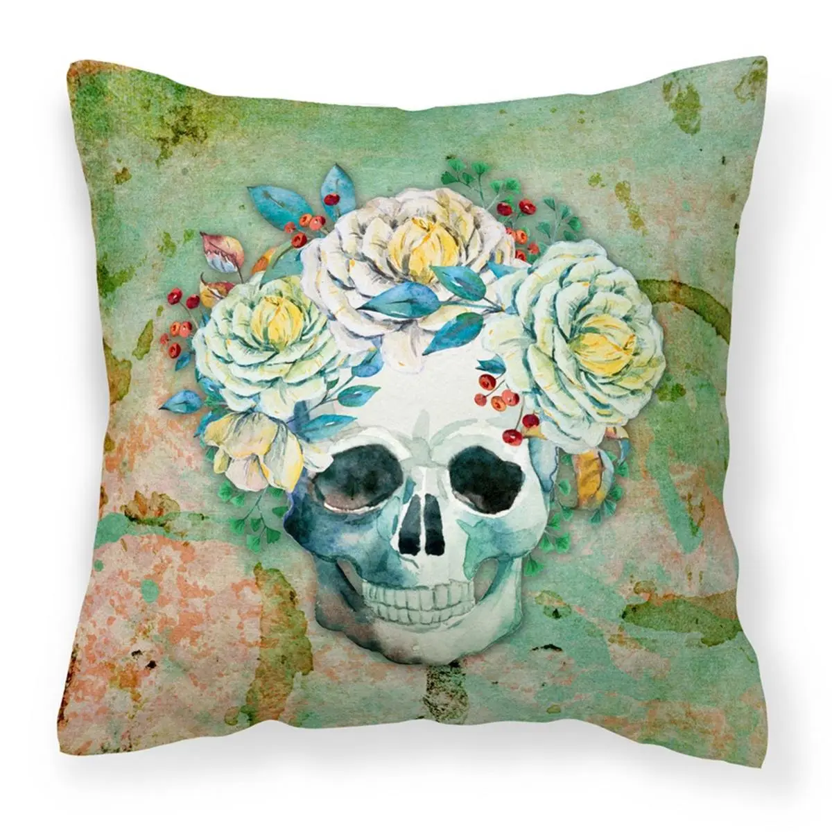 Day of the Dead Skull with Flowers Fabric Decorative Pillow
