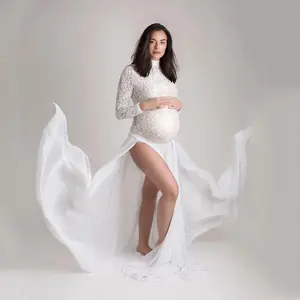Maternity Dresses for Photo Shoot Long Sleeve Bodysuit+High Split Pregnancy Maxi Gown Chiffon Dress Baby Shower Photography