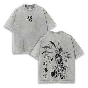 Men's Vintage Acid Wash Graphic Print Tee - Relaxed Fit Oversized, Breathable Casual DBZ Anime Aesthetic Streetwear Shirt