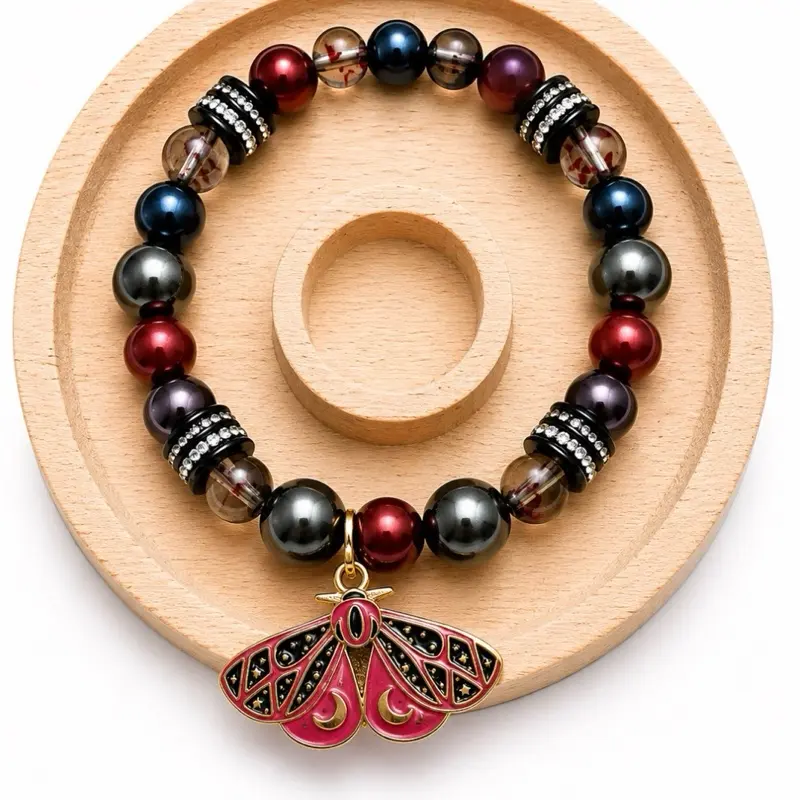 Gothic Moth Stretch Bracelet with Glass Beads, Glass Pearls and stainless steel Rhinestone Spacers