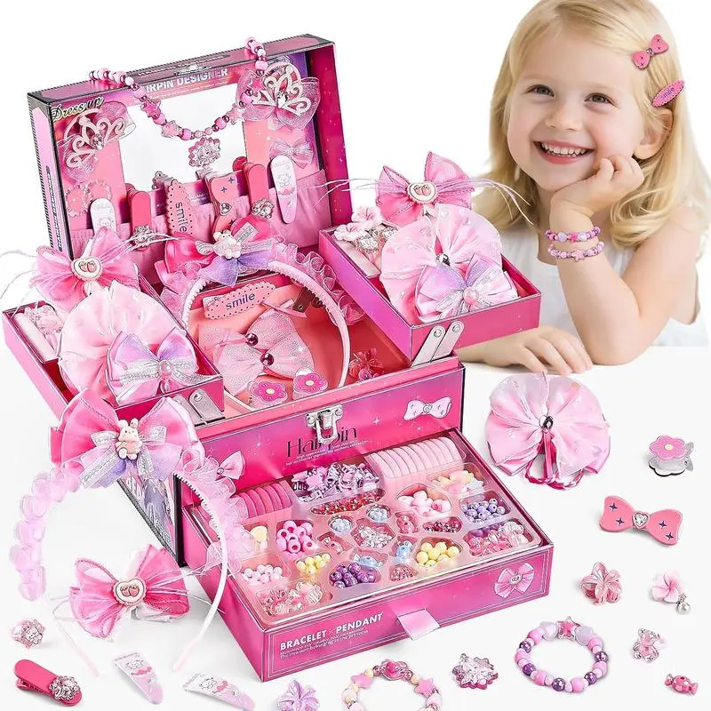 Girls' Cute Hair Accessories Set - 5-12 Years Barrettes Hair Clips, Headband, Charm Bracelet Arts & Crafts Kit with Beads to Customize, Pretend Play Toy, Christmas & Birthday Gifts, Crafting Kits