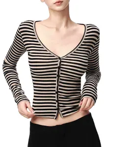 Nextrys Women's Lyocell Slim Fit V-neck Cardigan in Stylish Stripes Everyday Wear Y2K Casual Versatile Layering Comfort Durable Eco-friendly Button