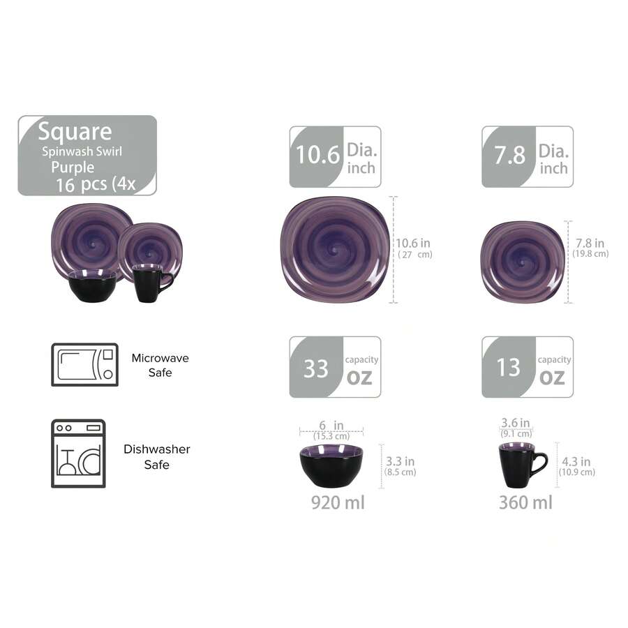 Stoneware 16pc Square Dinnerware Set Swirl Purple