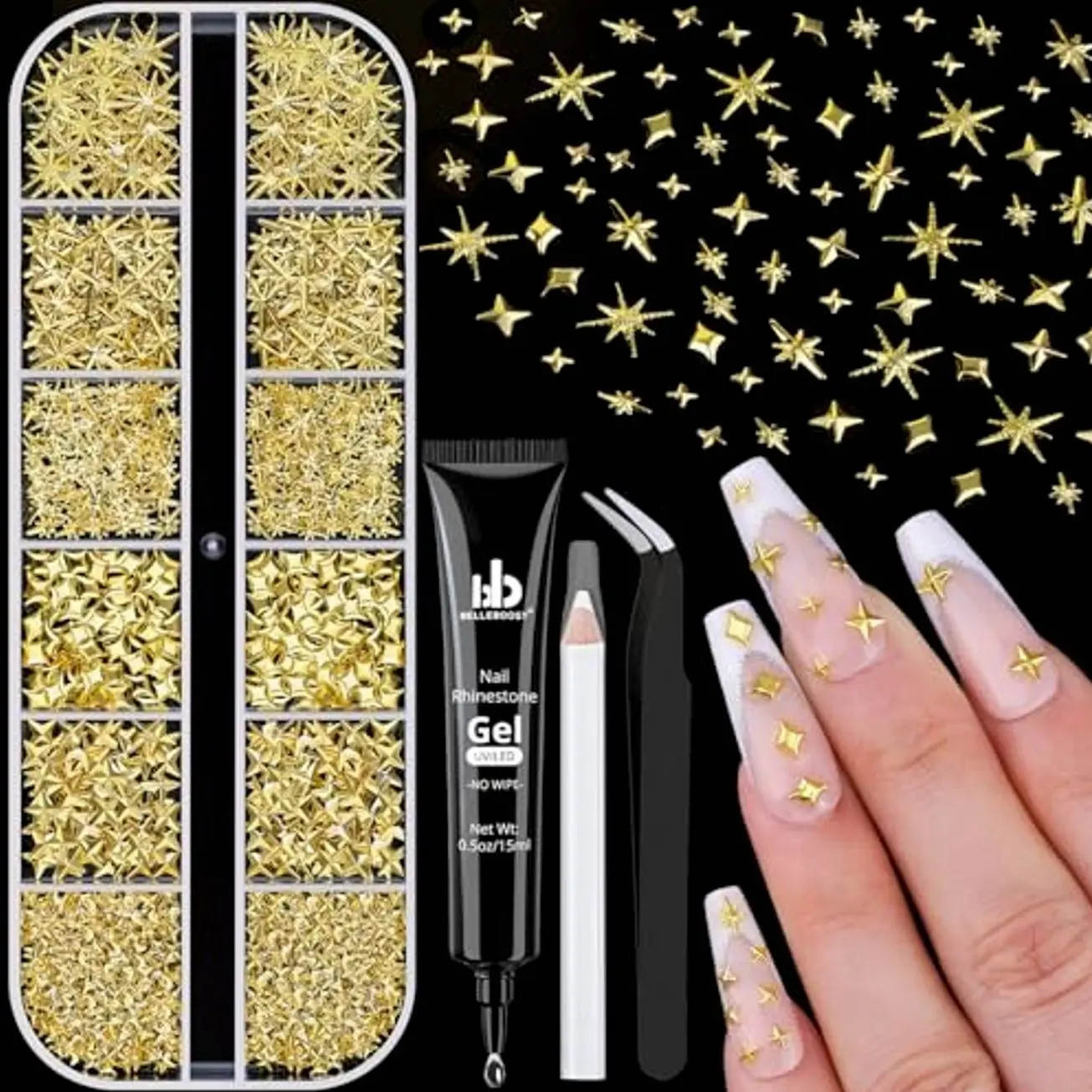 Gold Stars & Beads with Tweezers, Pickup Pencil and Glue