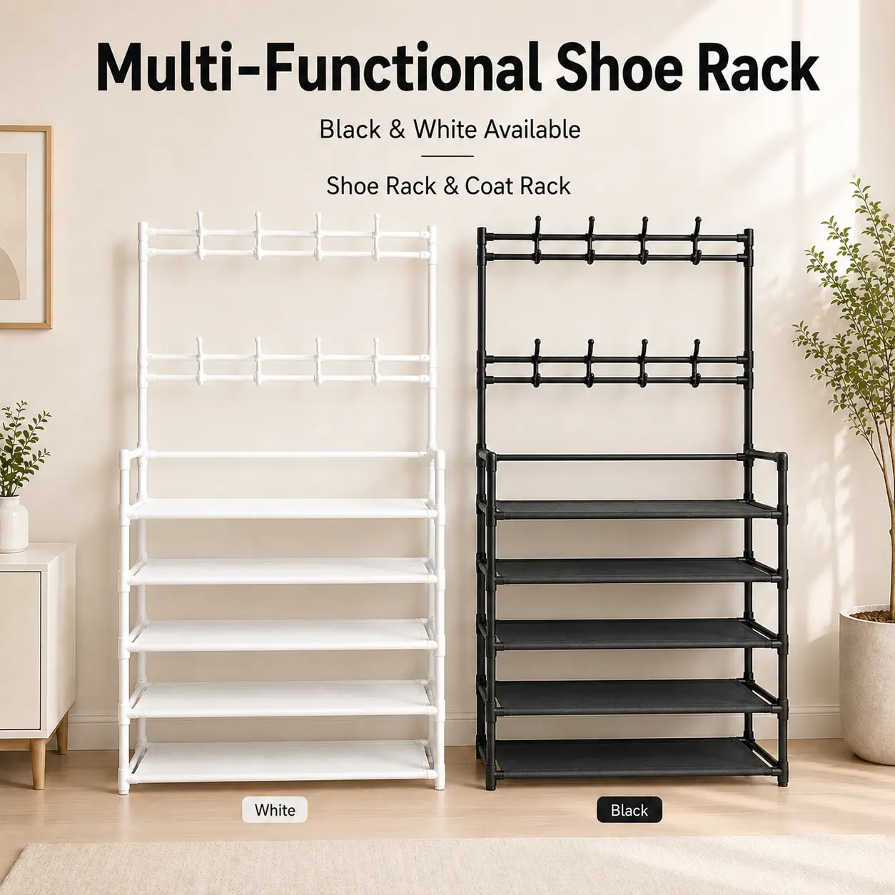 Modern 5-Tier Shoe Rack Organizer with Hanging Hooks - Black & White ABS Plastic, Box-Packed Space-Saving Storage for Coats, Bags - Ideal for Home Organization