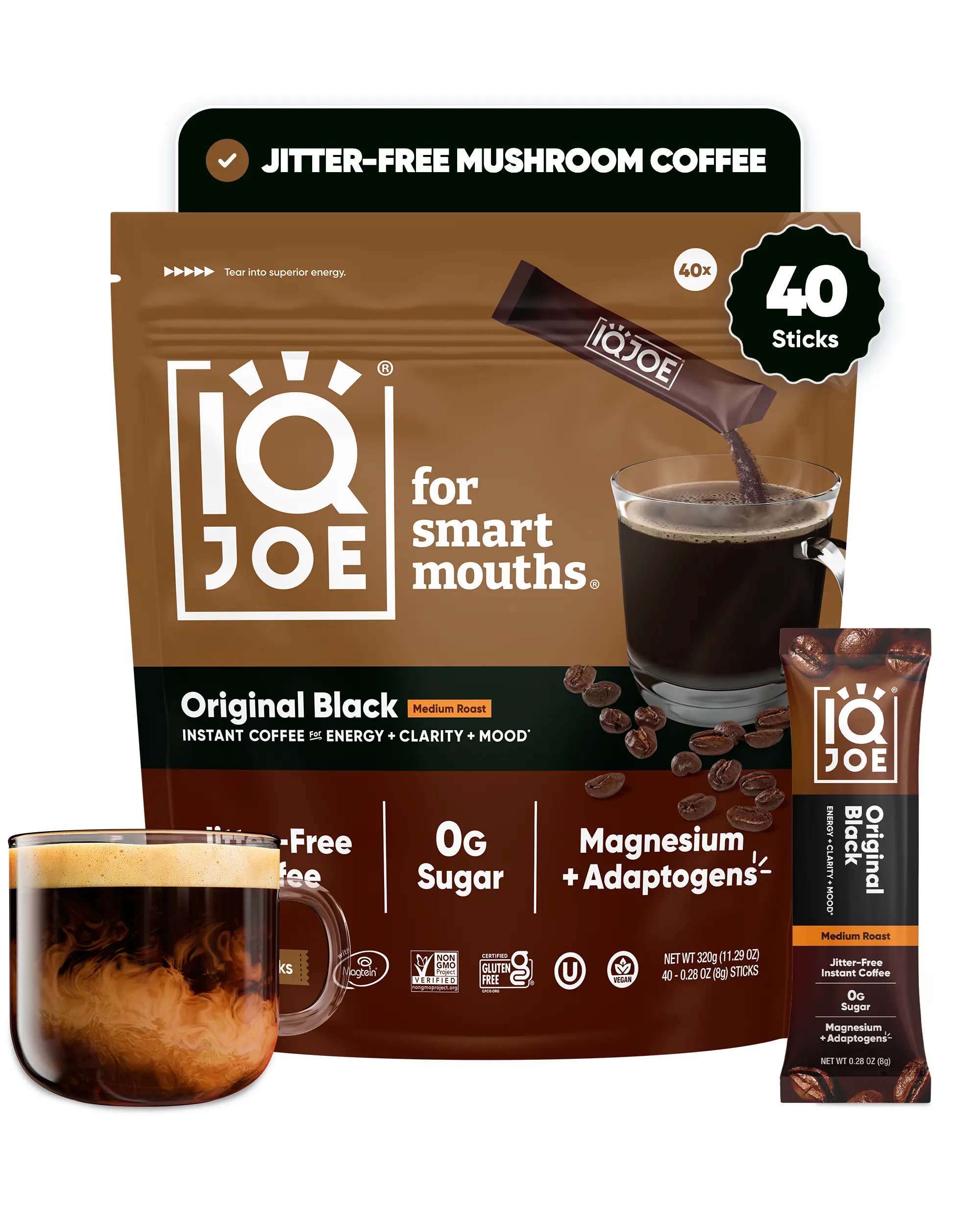 IQBAR Roast Coffee Packets, Original Black Beverage (40 Sticks) - Travel-Friendly, Clean Single-Serve Coffee