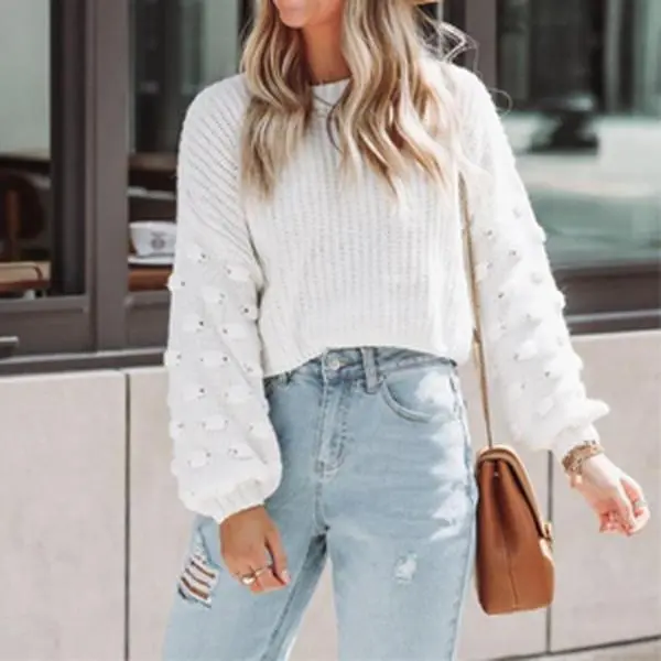 Necooer Women's Y2K Textured Puff Sleeve Sweater - Soft Loose Knitted Winter Jumper 2025 Girly Retro Comfort Essential for Every Outfit Autumn cardigan cardigan for women sueter para mujeres christmas sweaters for women babydoll tops