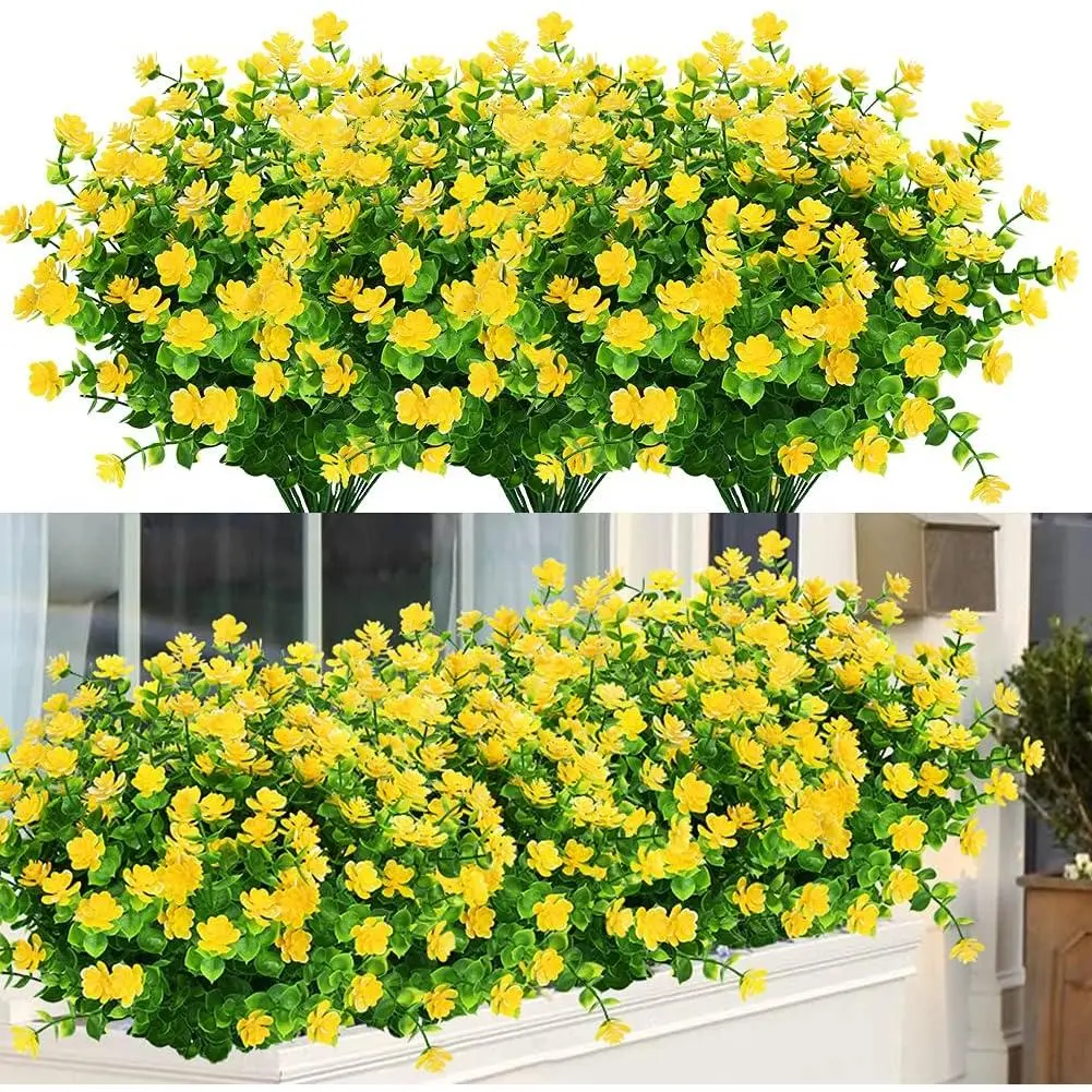 6-Pack Realistic Floral Home Decoration Bouquet - UV-Resistant Round Artificial Outdoor Flowers, Faux Plastic Boxwood Greenery for Hanging Plants, Home Decor (Yellow)