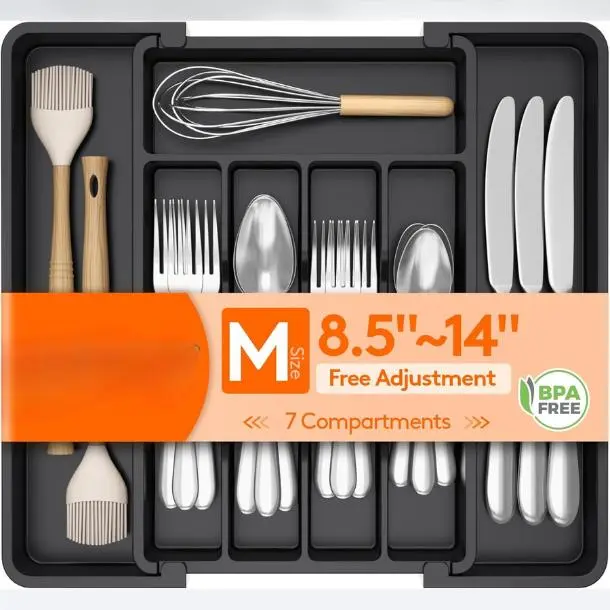 Expandable Silverware Organizer, Plastic Utensil Tray for Kitchen Drawer, BPA Free Flatware Cutlery Holder, Space-Saving Storage for Spoons Forks Knives, 8.5-14 x 12 x 1.5 inch, Black