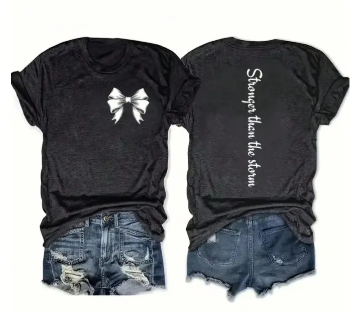 Double-sided printed, garment-washed pure cotton T-shirt—comfortable and stylish, featuring a minimalist design and versatile casual appeal; the front is adorned with a trendy bow motif and the word "Storm."