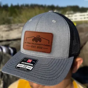 Farm Name Hat Farm Logo Hat Gift For Farmers Custom Leather Patch Farm Name Hat Richardson 112 Hat Laser Engraved - Father's Day Gift