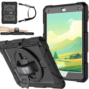 iPad Protective Case Shockproof 360 Rotating Stand Shoulder Strap Tablet Cover with Pen Holder, Durable iPad Accessories