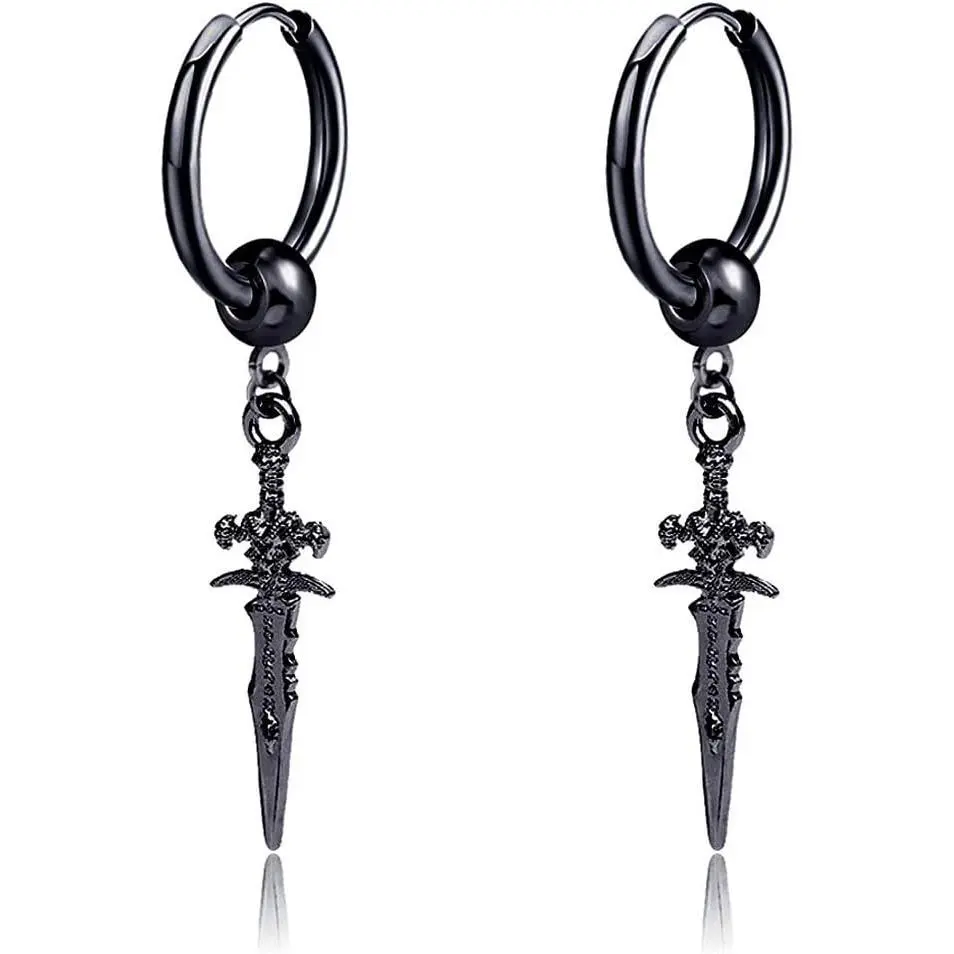 Black Sword Drop Dangle Small Hoop Earrings for Women Men Stainless Steel Engrave Animal Cross Dagger Charms Dangling Hoops Cuff Cartilage Wrap Hypoallergenic Vintage Punk Pray Jewelry