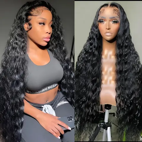 Lemoda SKINLIKE Real HD Lace Wigs 250% Density Water Wave 15A 13x4 Full Lace Frontal Human Hair Wigs Deep Wave Virgin Human Hair Frayed Ends Lace Wig Natural Black Color