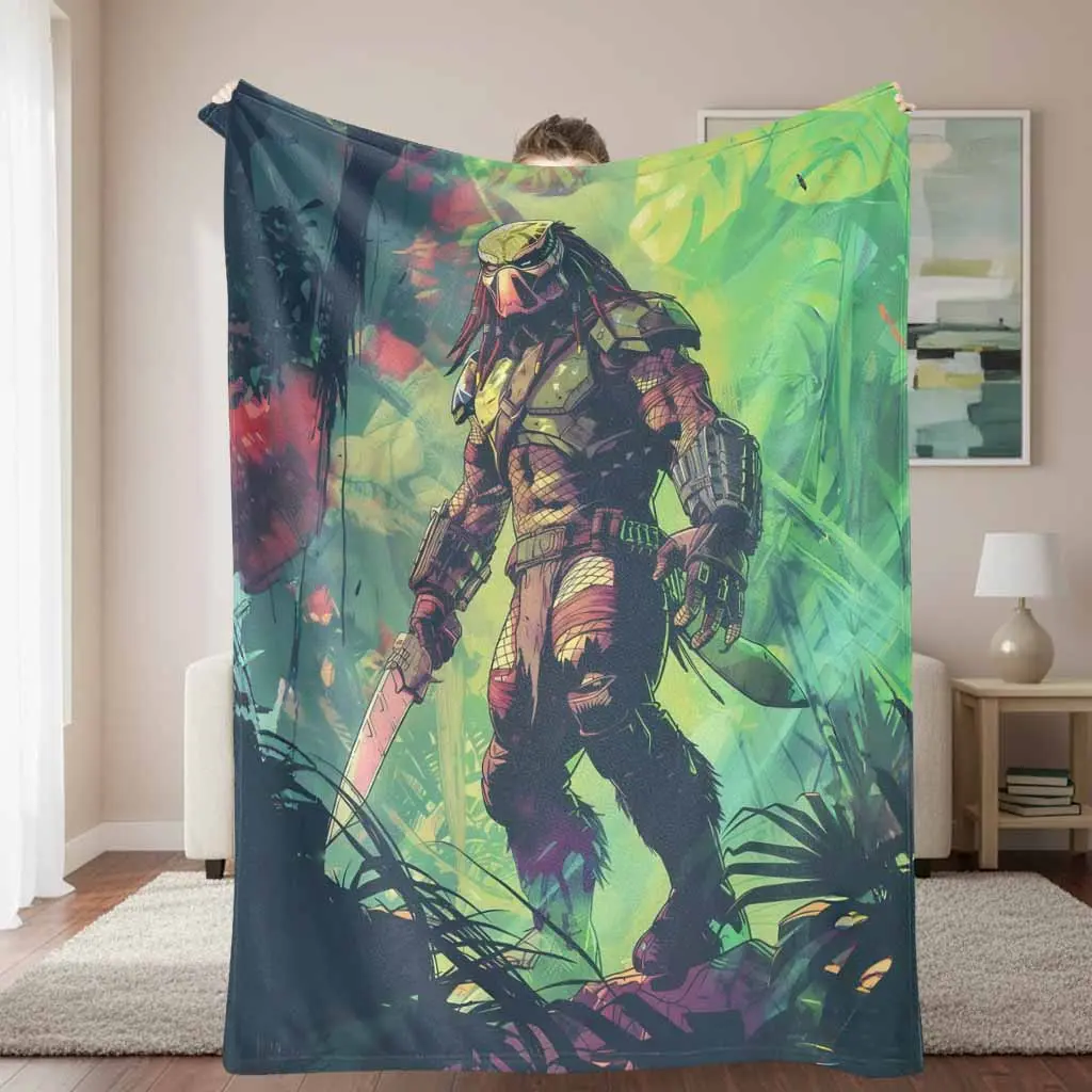 Jungle Hunter Flannel Blanket - Predator Warrior Print, Breathable Soft, Lightweight Throw, Warm Cozy for Living Room, Gift for Sci-Fi Movie Enthusiasts, Breathable Soft Blanket, Lightweight Throw Blanket