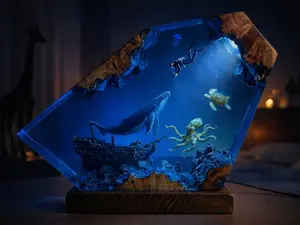 3D Ocean Resin Sculpture Whale Diver Shipwreck Diorama Wood Base Coastal Home Decor Nautical Art Piece Unique Gift for Sea Lovers Desk Shelf Decoration