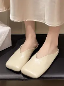 2026 New Square Toe V-Opening Mules, Soft Sole Slip-On Half Sandals, Lazy One-Foot Wear Commuter Women's Shoes, PU Leather Upper