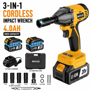 3-in-1 Cordless Brushless Impact Wrench, 430Nm High Torque Power Tool with 2x4.0Ah Batteries, Sockets, Drill Bits for Auto Repair, Home DIY garage use truck car
