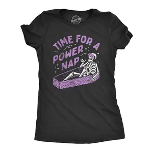 Womens Time for A Power Nap T Shirt Funny Halloween Sleepy Skeleton Coffin Joke Tee for Ladies Funny Womens T Shirts Cute Vintage Fashion Casual Ladies T-Shirt Gift Halloween Tops for Women Funny Sarcastic Top Black -