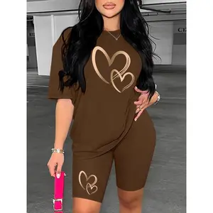 Women’s Two-Piece Set with Heart Print: Long-Sleeve Top and Skinny Pants, Casual Crewneck Top and Trousers for Everyday Wear, Ladies’ Clothing for Spring and Autumn, Sets/Suits, Women’s Apparel