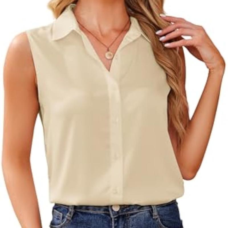 YAMANMAN Sleeveless Button Down Shirts for Women Satin Blouse Basic Work Collared Tank Tops Elegant Summer Office Classic Casual Shirt shirtsclothing