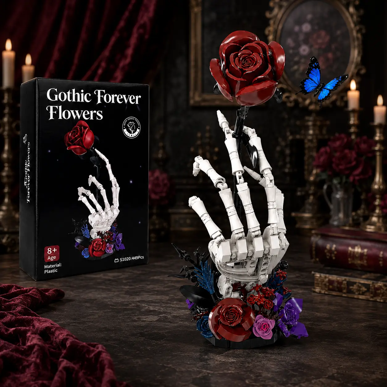 Gothic Rose Skeleton Hand Plastic Block Building Set - 449-Piece, Dark Romance Style, Blue Butterfly, Never-Fading Flower Decor, Unisex DIY Collectible Display Model Gift for Age 8+ Adults