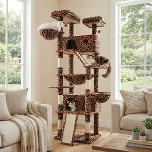 HOOMIC 81in Large Cat Tree Tower, Multi-Level Climbing House with Condo, Hammock & Scratching Post, Wide Base for Big Felines, Grey/Beige/Dark Blue/Pink/Leopard Print/Black Dots