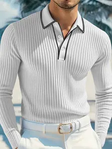 Men's long Sleeve Polo Shirt | Vertical Stripes Print | V-Shaped Collar Design | Soft Comfortable Fabric | Casual Daily Summer Outfit | Fashion Menswear Polo V Neck