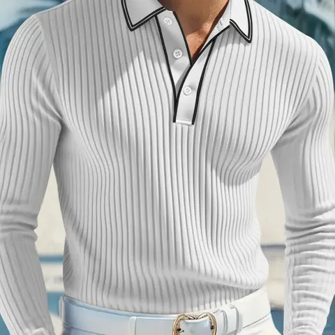 Men's long Sleeve Polo Shirt | Vertical Stripes Print | V-Shaped Collar Design | Soft Comfortable Fabric | Casual Daily Summer Outfit | Fashion Menswear Polo V Neck | Casual Polo Shirts