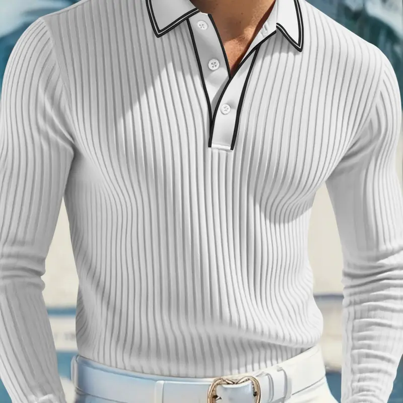 Men's long Sleeve Polo Shirt | Vertical Stripes Print | V-Shaped Collar Design | Soft Comfortable Fabric | Casual Daily Summer Outfit | Fashion Menswear Polo V Neck | Casual Polo Shirts