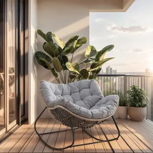Outdoor Rocking Chair with Gray Cushion, Oversized  Outdoor Papasan Rocking Chair , Modem Rattan Patio Egg RockingLounge Chair,for Balcony, Backyard, Porch, Bedroom wicker furniture Rocking Chair Set garden decoration Chair with Cushion
