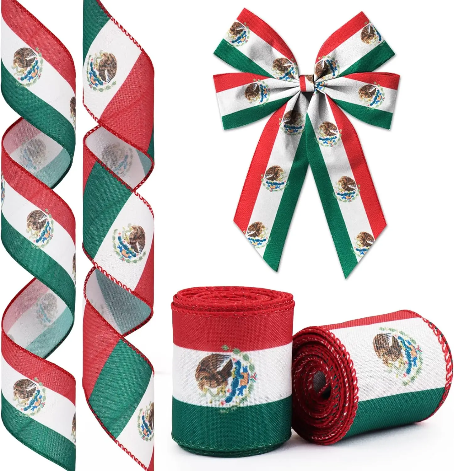 2 Rolls Mexican Flag Ribbons Wired for Wreath Bow Wrapping Gifts, Flag of Mexico Ribbon for Gift Wrapping Cinco De Mayo Party Decoration DIY Crafts, 2.5" X 10 Yards Mexican Flag Wired Ribbon