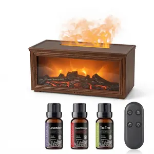 Flame Humidifier Night Lights with RGB Light, Essential Oil Diffuser , 270ml Wood Grain Mist Humidifier for Bedroom Office, Super Quiet Fireplace Diffuser with Timer & Remote Control ( 3 essential oil)