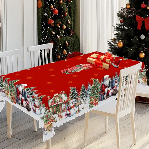 PLUMLIK Vintage Red Tablecloth - Unique Tablecloth Patterns (Santa Claus, Snowman, Christmas Cottage, "MERRY CHRISTMAS") - 2025 Themed Party Decor for Dining Table, Round-Rectangle Home Kitchen Gift