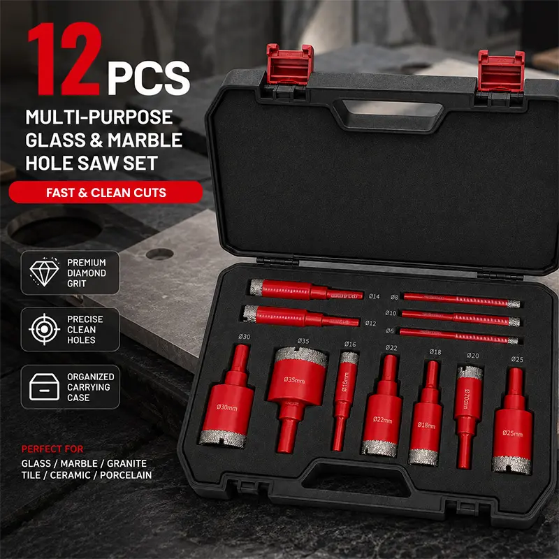 12 pcs  multifunctional glass and marble hole saw set, wet and dry diamond core drill bits, stone expansion drill bits, sharp cutting, wear-resistant and durable drill bit kit, drill sizes from 6 mm to 35 mm.